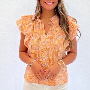 Olivaceous Orange, Yellow, Blue Boho Floral Blouse With Flutter Sleeves